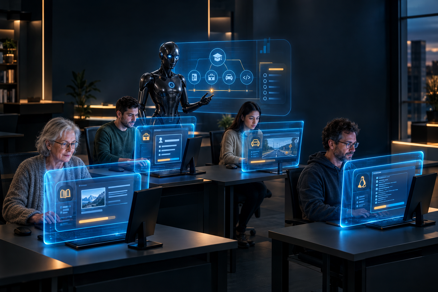 Lernende an getrennten Computern in einer modernen Schulungsumgebung